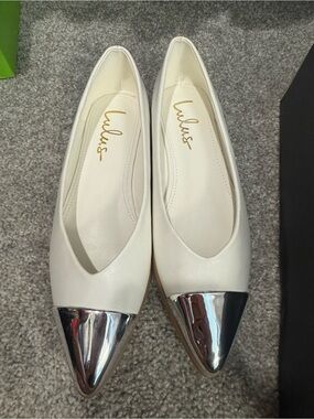 Lulu's Cream Pointed Toe Flats with Metallic Silver Cap